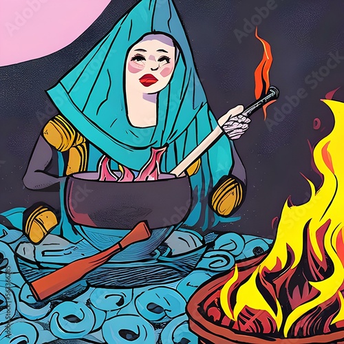 A witch brewing a potion in a cauldron over an open fire1, Generative AI photo