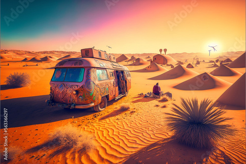 Volkswagen T1 Bulli - psychedelic vanlife with a surreal hippie camper van in the desert. Created with Generative AI technology.