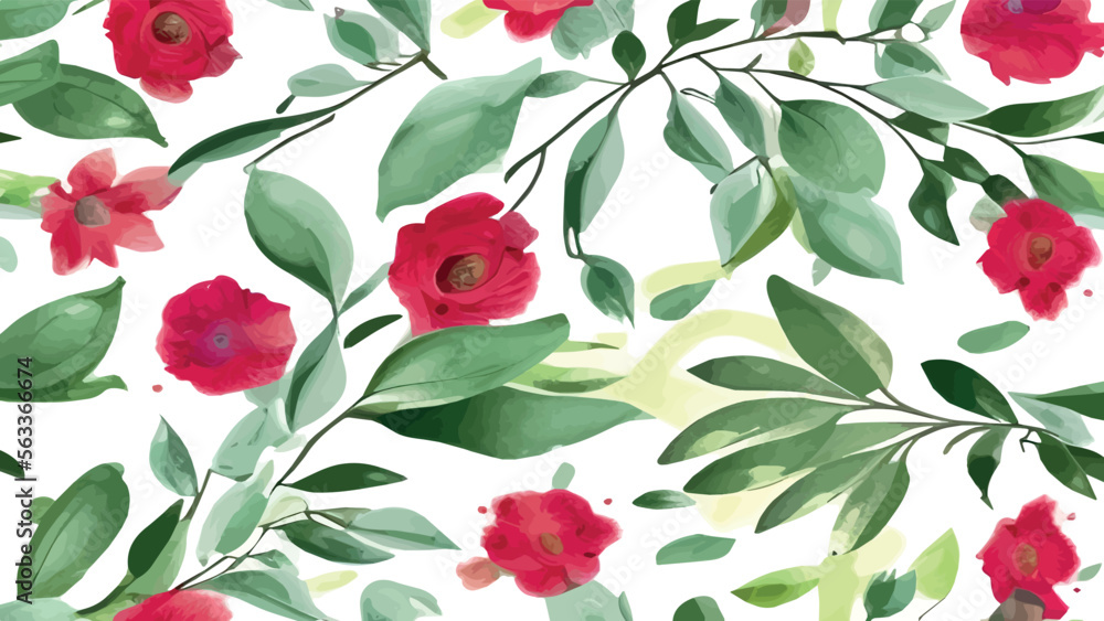 Floral hand drawn background. Botanical line art wallpaper with flowers, branches and eucalyptus leaves. Design in red and green shades watercolor texture for banner, prints, wall art and home decor. Floral hand drawn background. Botanical line art wallpaper with flowers, branches and eucalyptus leaves. Design in red and green shades watercolor texture for banner, prints, wall art and home decor.