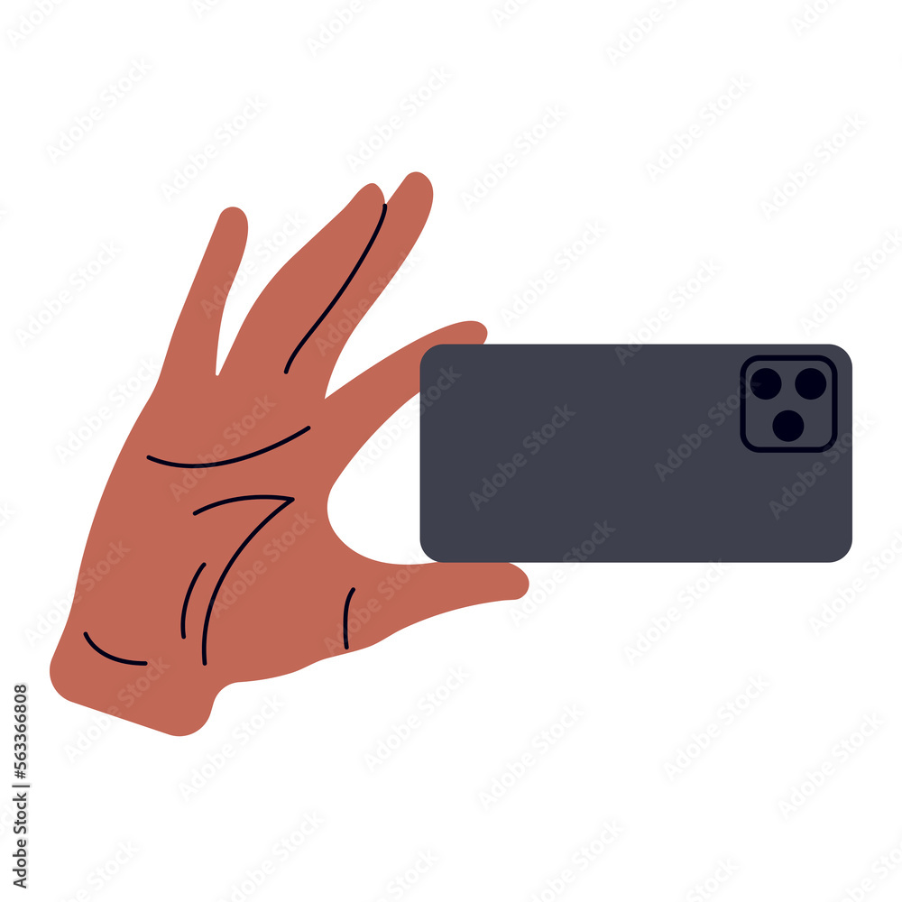 Hand of african american man holding mobile phone, back view. Flat vector illustration isolated on white background Hand of african american man holding mobile phone, back view. Flat vector illustration isolated on white background