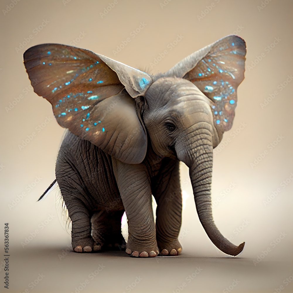 Obraz premium Generative AI: cute baby fantasy elephant with big butterfly ears