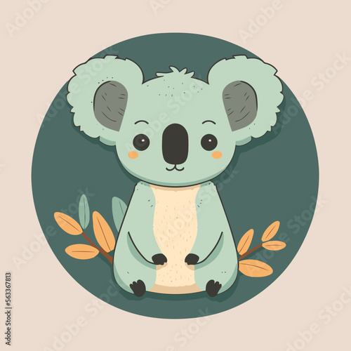 koala logo.Cute cartoon koala with leaves. Vector illustration in a flat style