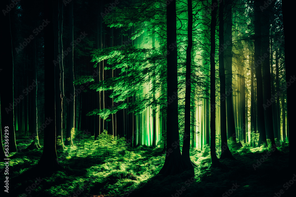 Fototapeta premium The picture shows a forest with backlight shining through the trees.