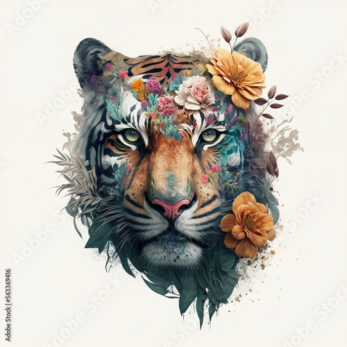 tiger in the sun with flowers color art t-short design