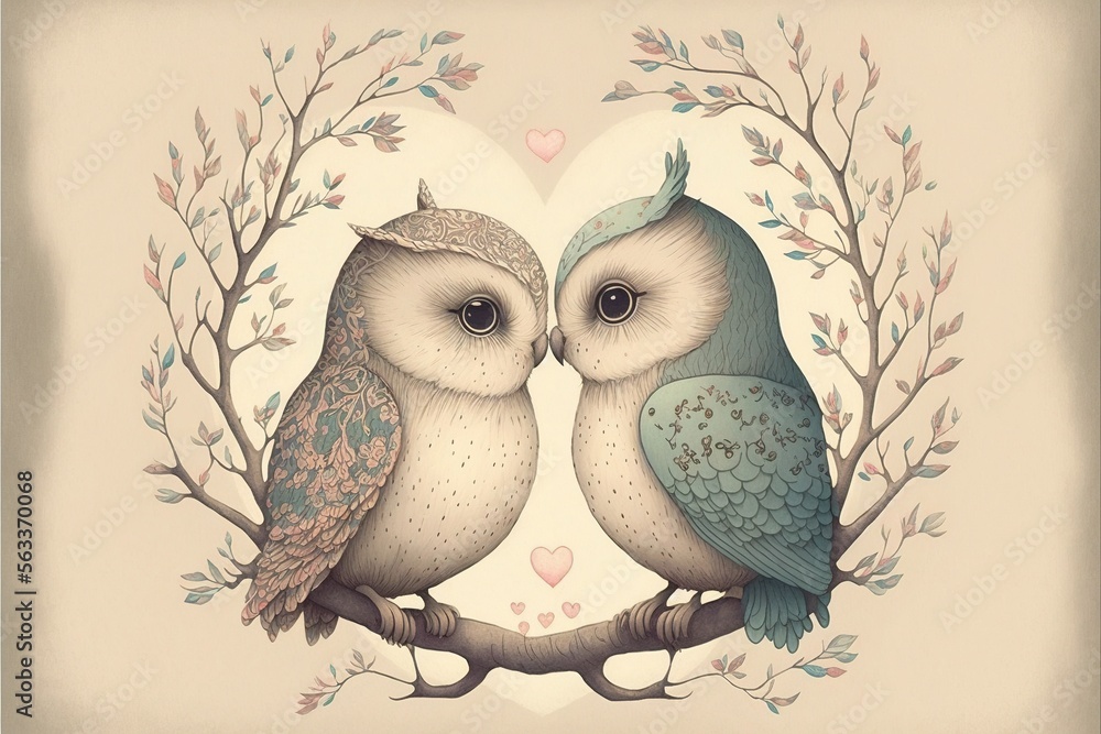 Fototapeta premium Couple of Owls in love Valentines day vintage style illustration generative ai