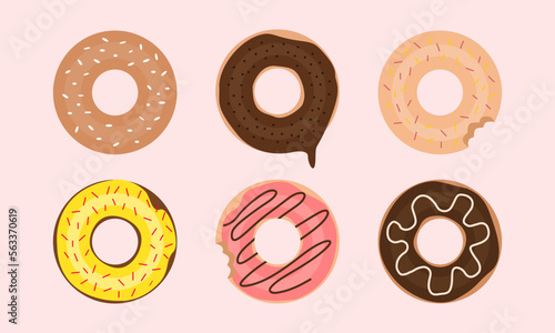 vector illustration set of six donuts cute sweet tasty sugary glaze chocolate strawberry pink icing frosting glazing coating sprinkles mango fruit lemon shop decoration decorative couple flat cartoon 