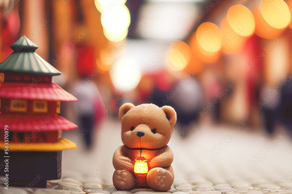 A small brown teddy bear in traditional Chinese New Year with bokeh background. Generative AI