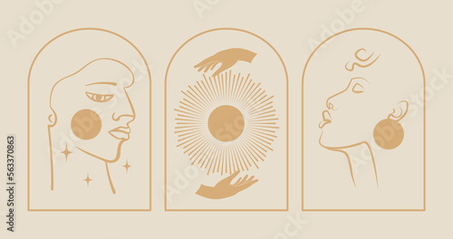 Set of vector linear boho emblems of black people. Bohemian logo design with african man and woman.
