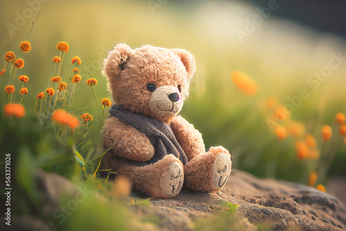 Small brown teddy bear sitting among a colorful flower garden. Generative AI