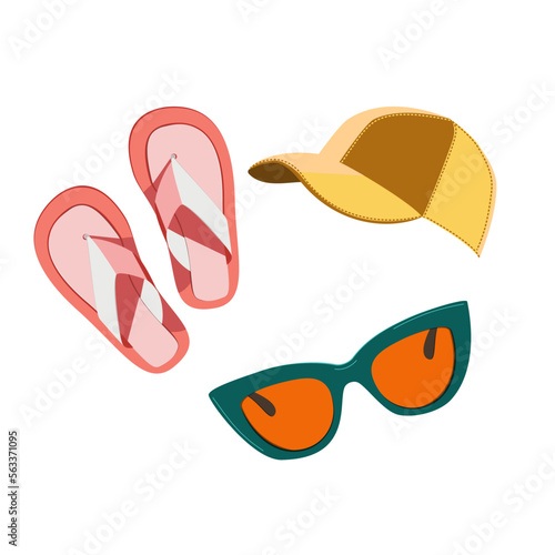 Summer accessories hat, sunglasses, and sandals in flat technique vector illustration 