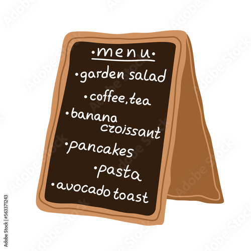 Wooden chalkboard menu sign with lettering garden salad, coffee, tea, banana croissant, pancakes, avocado toast in cartoon style. Flat vector illustration isolated on white background