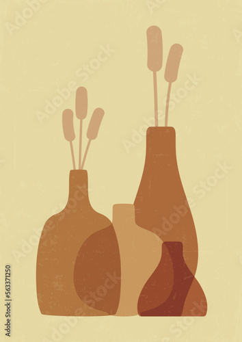 Aesthetic illustration with plant branches and abstract vases. Minimalist shapes in pastel colors