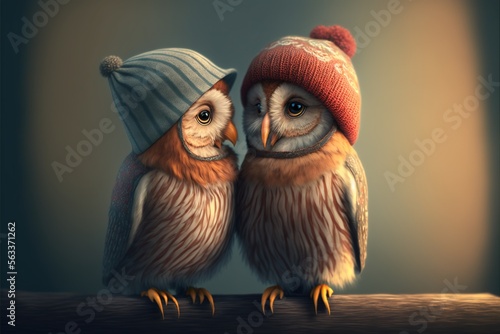 Couple of Owls in winter hats illustration Valentine's Day generative ai © Roman