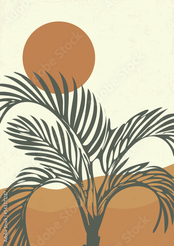 Oasis in the desert minimalistic printable illustration. Dunes and palm wild nature landscape