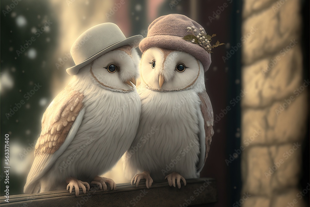 Couple of Owls in winter hats illustration Valentine's Day generative ai
