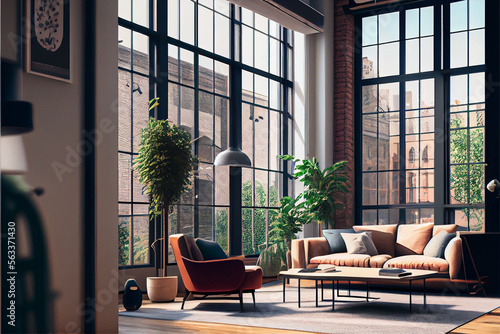 Modern loft living room with high ceiling, sofa, empty brown brick wall, concrete floor, wooden cabinet, design accessories in the steel stack, dining table with chairs Ai generated illustration © Imaginarium_photos