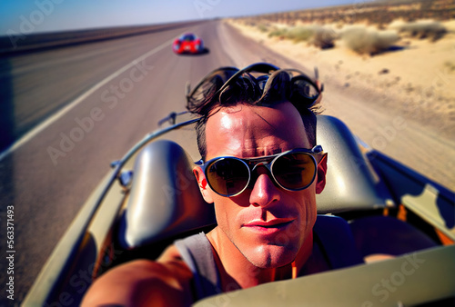vintage, man taking selfie and driving a vintage racing car, Generative AI © Thumbs