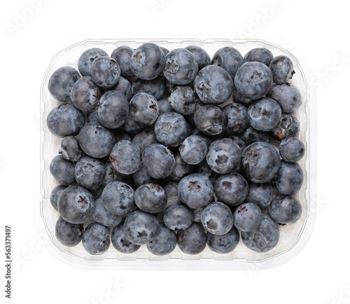 Fotografija Whole fresh blueberries, in a clear plastic punnet, from above