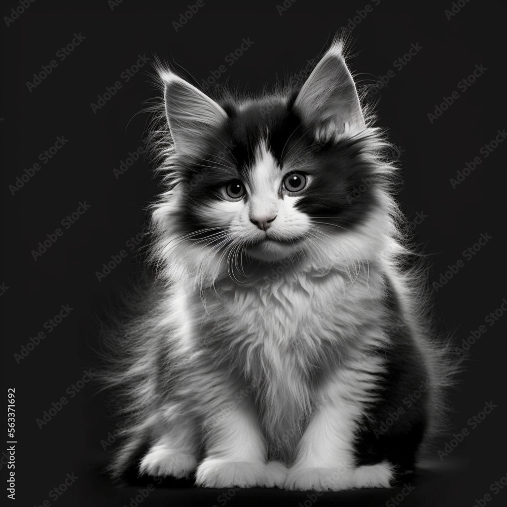 Illustration portrait of a black and white cat looking at the care camera on a dark background