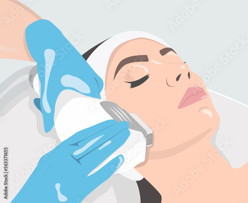 Illustration. Epilation hair removal procedure on a woman’s face. Beautician doing laser rejuvenation in a beauty salon. Removing unwanted body hair.