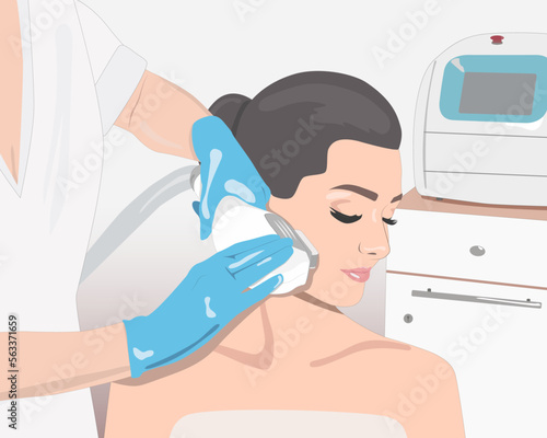 Illustration. Epilation hair removal procedure on a woman’s face. Beautician doing laser rejuvenation in a beauty salon. Removing unwanted body hair.