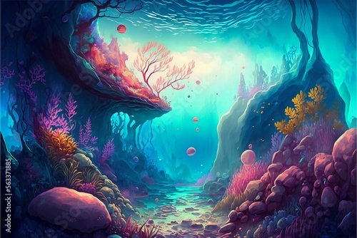 Fototapeta Naklejka Na Ścianę i Meble -  Colorful sea background with rocky bottom, boulders, algae and corals in a watercolor style. AI generated.