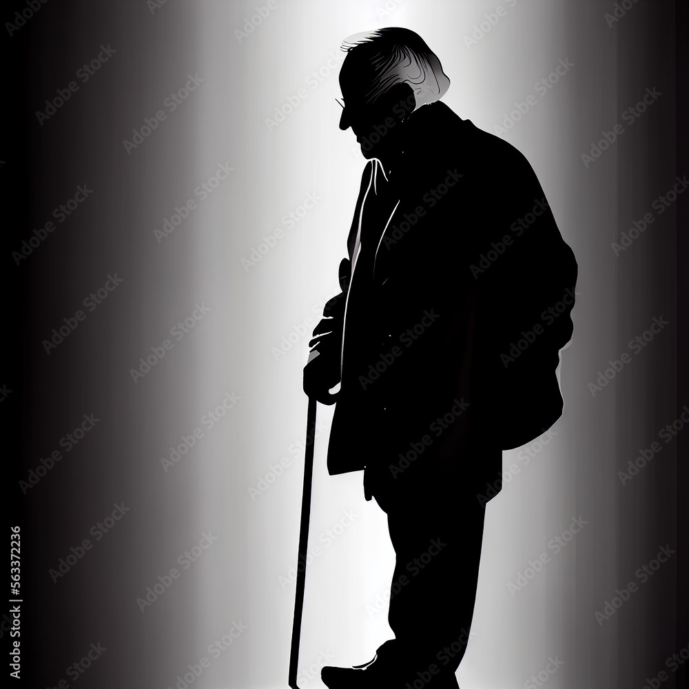 Elderly grandpa crane silhouette black and white generative ai