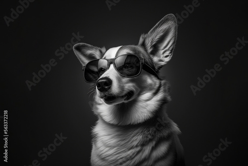 Black and white image of a dog wearing glasses (Generative AI)