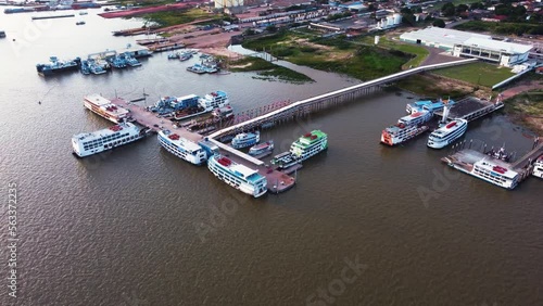 Early morning at Santarem on the Amazon floating dock and passenger ferries Aerial Video. photo
