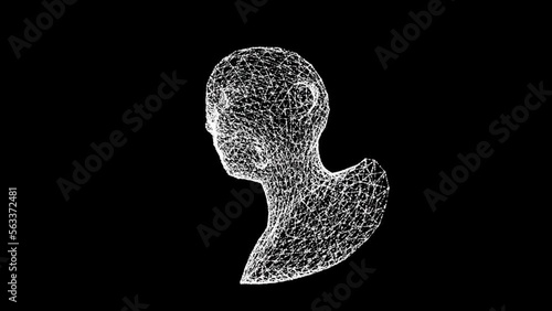 3D womans head model consisting of lines and dots rotates 3 axes 60FPS. Science concept, object made of molecules. Tutorial Video. Abstract bg for logo, title, concept, presentation. 3D animation