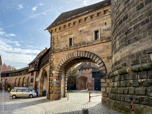 Ionic mediaeval city wall gate Spittlertor in Nuremberg