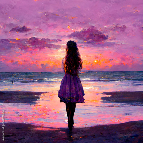 young girl looking at the sea at sunset valentine's day concept GENERATIVE AI, GENERATIVE, AI photo