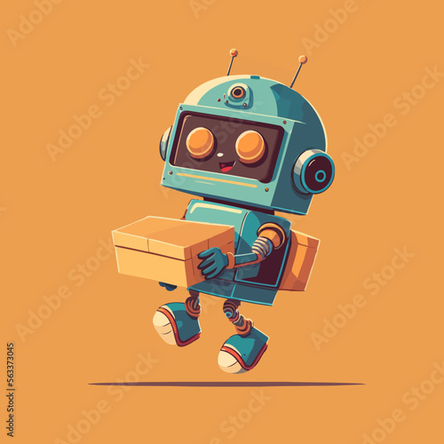 Cartoon robot with a box in his hand. Vector illustration.