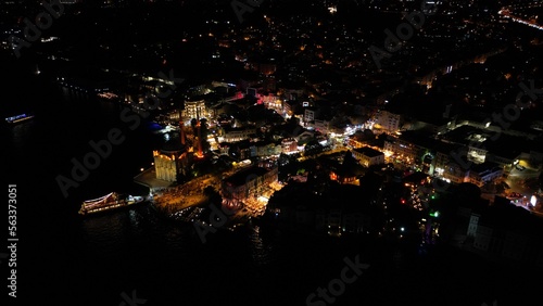The course of life. Istanbul night view from above. Traffic jams of the metropolis. The view from the drone.