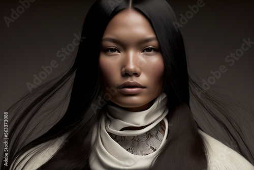 Close-up portrait of a beautiful young native american / indigenous woman with long windswept hair and a white scarf on a dark background, not based on a real person, Generative AI photo