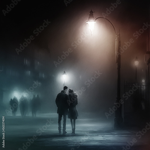 Couple downtown in a foggy night under a street lamp made with generative AI © acrogame