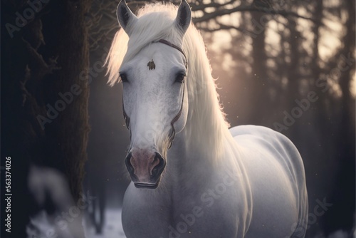 White horse in snow forest, Generative AI