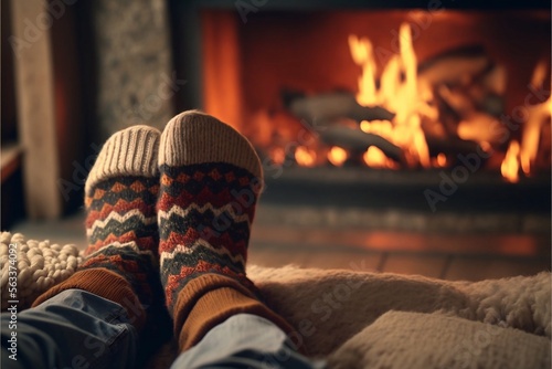 Feet in woollen socks, christmas scene, Generative AI