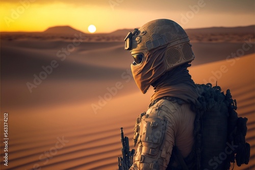 soldier camouflage in the desert, desert storm warfare, generative AI photo