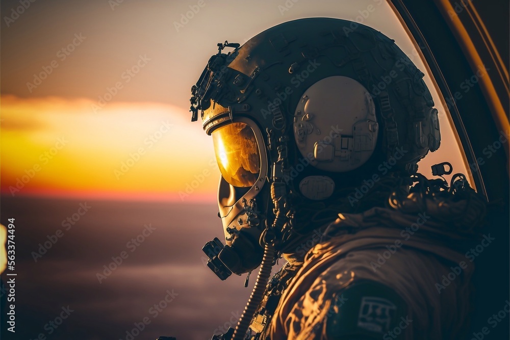 fighter pilot cockpit in the sky, aviator military mission, Generative Ai - obrazy, fototapety, plakaty 