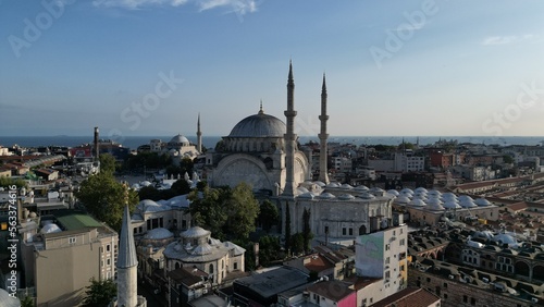 Charming Nurosmaniye Mosque in the center of Istanbul with a view of the Bosphorus. Drone view © Georgii