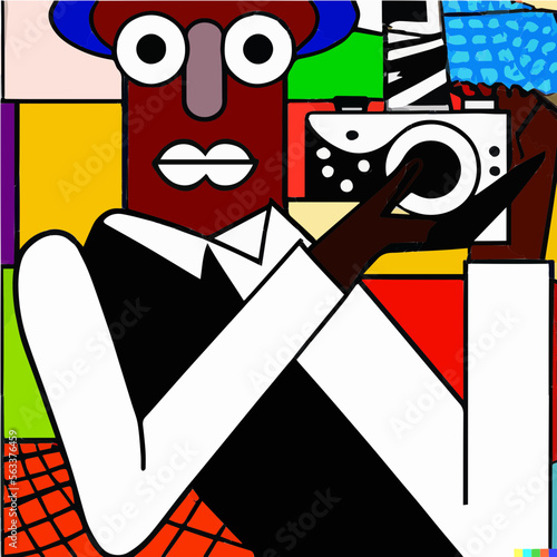 "Holding Camera Cartoon". It is a cartoon illustration of a fictional character, created using graphics and graphic design techniques. The character is a photographer and is depicted holding a camera.
