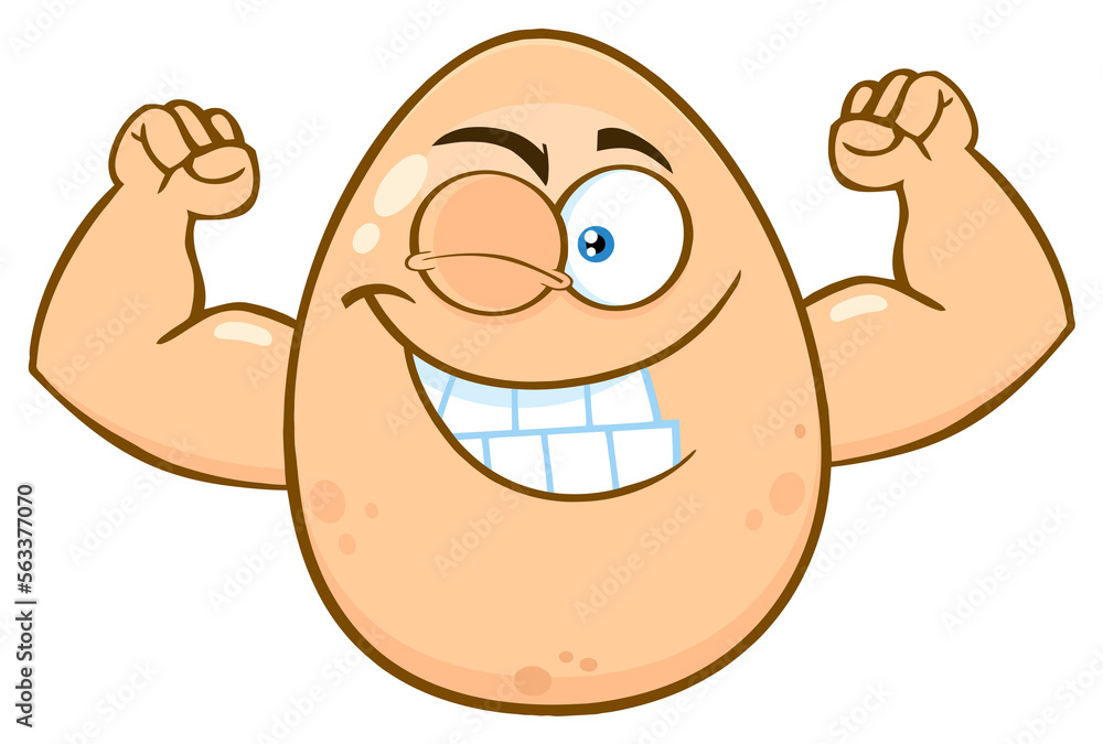 Obraz premium Strong Egg Cartoon Mascot Character Winking And Showing Muscle Arms. Hand Drawn Illustration Isolated On Transparent Background