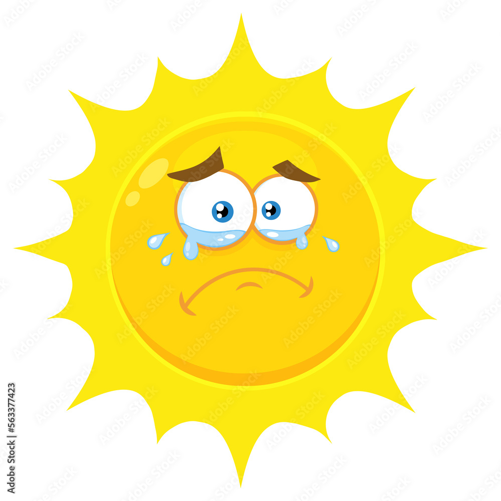 Crying Yellow Sun Cartoon Emoji Face Character With Tears. Hand Drawn Illustration Isolated On Transparent Background