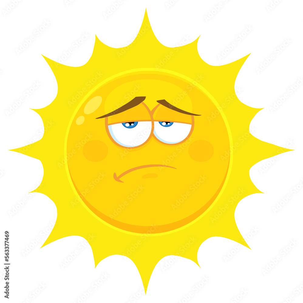 Sadness Yellow Sun Cartoon Emoji Face Character With Expression. Hand Drawn Illustration Isolated On Transparent Background