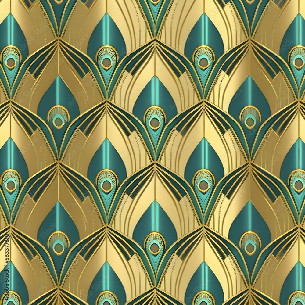 2D metallic futuristic art deco peacock feather tile pattern Gold and