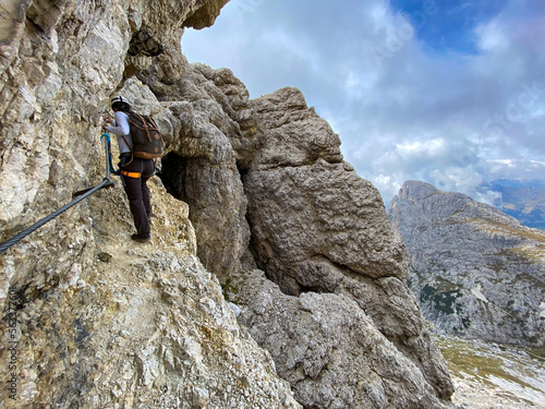 Adventurous hike up to mount Lagazuoi in the Dolomite Alps, autonomous pronvince of South Tirol photo