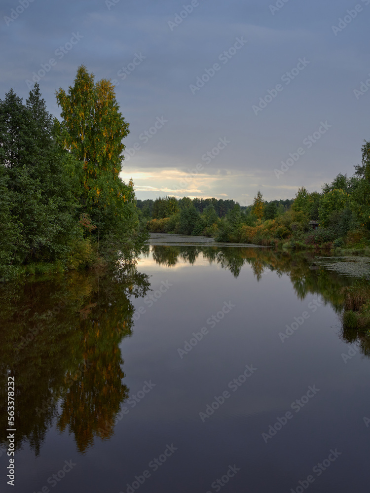 Nature of Northern Europe: forest river, nature reserve, autumn, sunset.