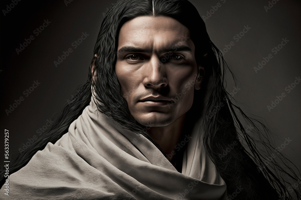 Close-up portrait of a handsome native american / indigenous man with long hair on a dark background, not based on a real person, Generative AI Close-up portrait of a handsome native american / indigenous man with long hair on a dark background, not based on a real person, Generative AI