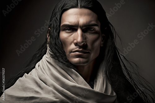 Close-up portrait of a handsome native american / indigenous man with long hair on a dark background, not based on a real person, Generative AI